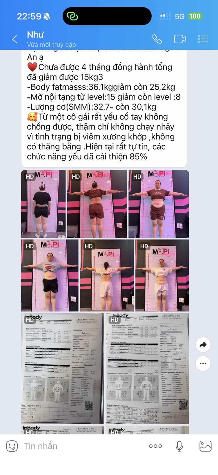 Feedback học viên Như — before after và chỉ số InBody